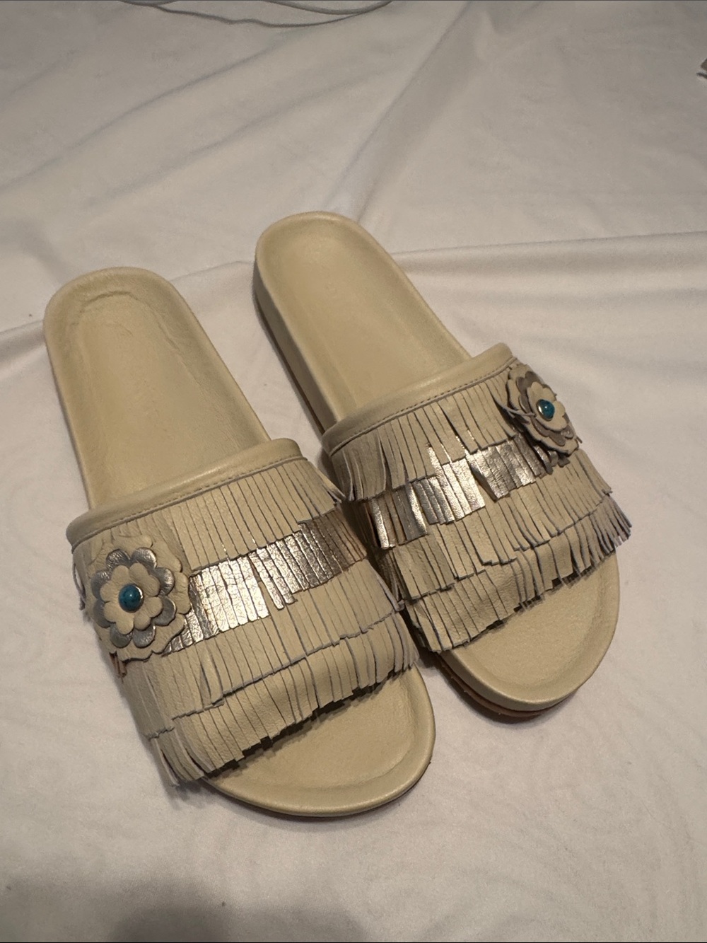 Beige Fringe Slide Mules with Floral Accent